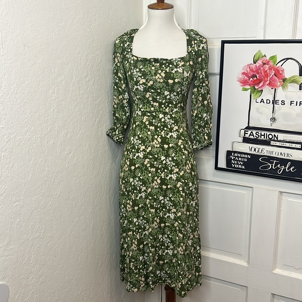 Reformation Green Floral Tie Back Midi Dress Size 2